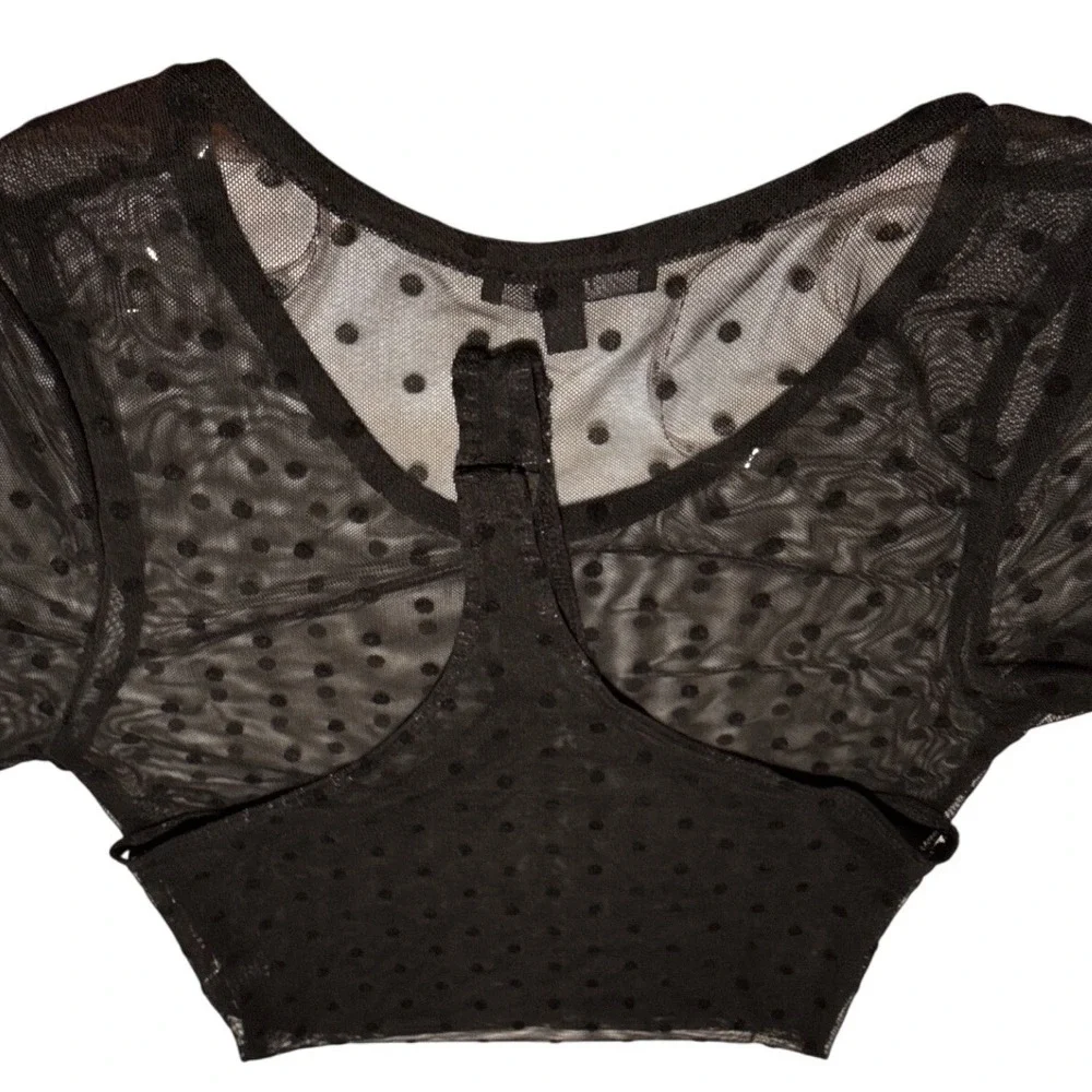 Black Mesh‎ Bodysuit M Polka Dot  Flare Sleeve Whimsygoth Romantic Goth Altcore - Picture 7 of 7